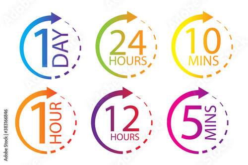 Clock set with working time. Circular arrow delivery symbol. Service time signs. Vector illustration. Stock image.
