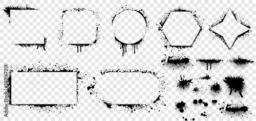 Grunge stencil frames. Set of hand drawn spray paint frames and text banners. Brush splash abstract rectangular stencil border. Isolated vector icons set