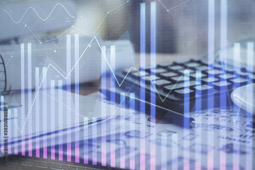 Double exposure of financial chart drawings and desk with open notebook background. Concept of forex market Double exposure of financial chart drawings and desk with open notebook background. Concept of forex market