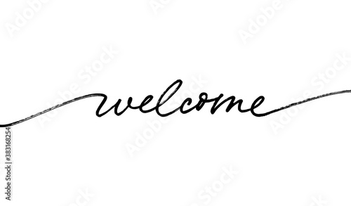 Welcome hand drawn vector line calligraphy. Lettering ink illustration with swashes. Modern phrase handwritten vector calligraphy. Isolated on white background. Greeting card, t shirt decorative print