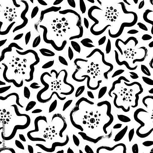 Seamless floral vector pattern with peonies, roses, anemones. Hand drawn black paint illustration with abstract floral motif. Graphic hand drawn brush stroke botanical pattern. Leaves and blooms.