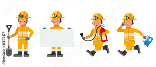 Firefighter kid character vector design. Presentation in various action with emotions. no2