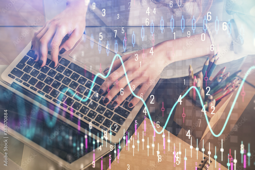 Double exposure of woman hands typing on computer and forex chart hologram drawing. Stock market invest concept. Double exposure of woman hands typing on computer and forex chart hologram drawing. Stock market invest concept.