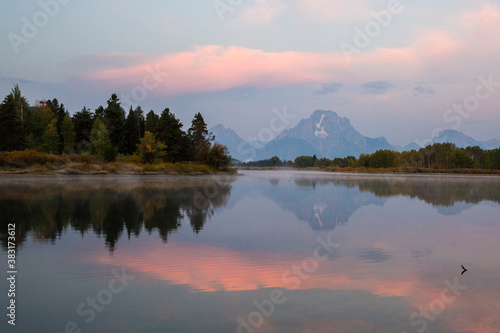 Landscape view of the sunrise in Grand Teton National Park as seen from Oxbow Bend  Wyoming .