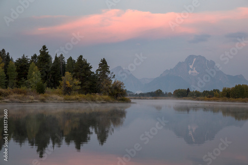 Landscape view of the sunrise in Grand Teton National Park as seen from Oxbow Bend (Wyoming).