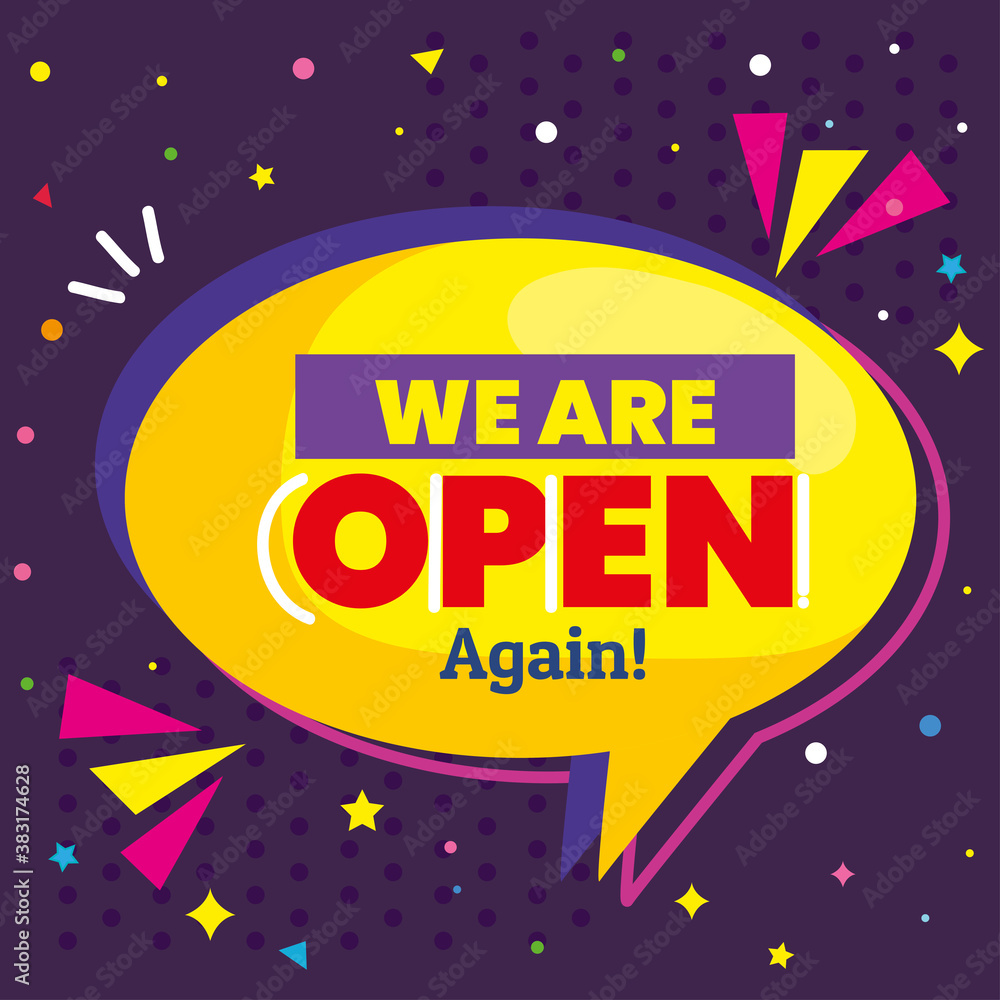 banner with we are open again in speech bubble vector illustration design
