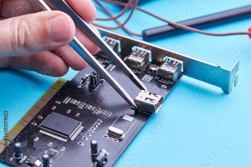 technical support conceptual. electronic hardware repair service. technician diagnose circuit board chip