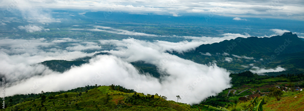 Panorama Mountain landscape with Mist at morning.Panoramic mountains in the fog and clouds.