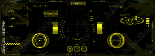 Head Up Display - cockpit design. HUD, GUI interface helmet. Virtual reality modern interface, cyberpunk panel. Futuristic User Interface HUD board for VR. Vector illustration