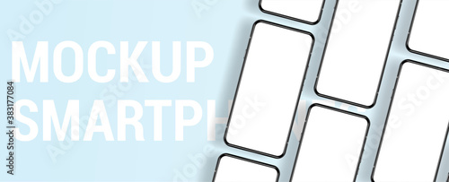 Presentation mockup smartphone top view. Frameless blank mobile phone, 3D realistic phone. Show banner with lots of smartphones. Frontal view. Cellphone collection. Vector gadgets illustration