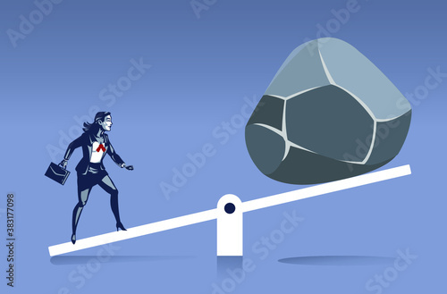 Business Woman Standing on Scale Compared with Big Stone. Illustration Concept of Human Power is Crucial in Business 