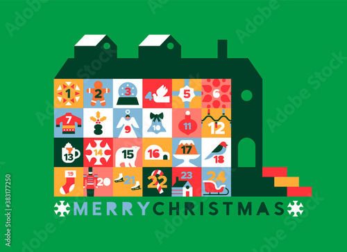 Merry Christmas retro advent calendar house icon
