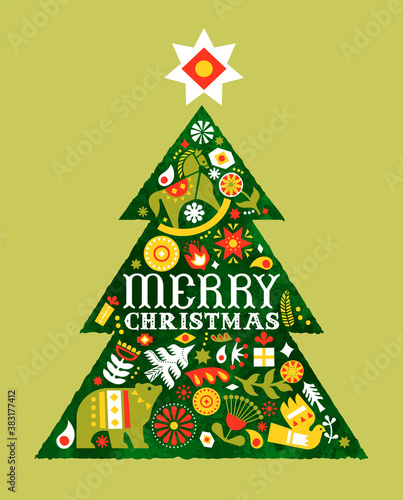 Merry Christmas retro watercolor folk tree card