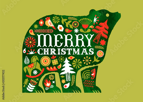 Merry Christmas retro watercolor folk bear card