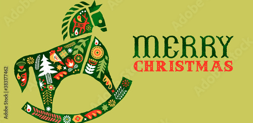 Merry Christmas retro watercolor folk horse card