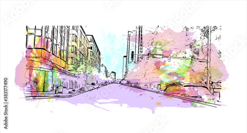 Building view with landmark of Bellevue is a city in the Eastside region of United States. Watercolor splash with hand drawn sketch illustration in vector.