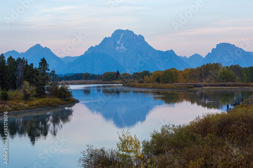 Landscape view of the sunrise in Grand Teton National Park as seen from Oxbow Bend  Wyoming .