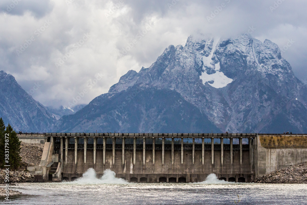 Landscape view of the Jackson Lake Dam in Grand Teton National Park (Wyoming)