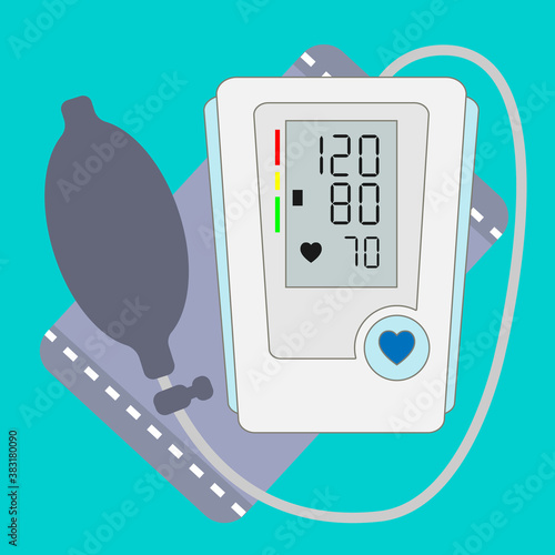 Medical electronic tonometer stock vector illustration. Digital blood pressure monitor, front view. Medical device for blood pressure control. Heart measurement symbol isolated.