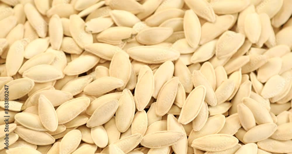 Macro View Of Raw white pumpkin seeds rotating Macro View Of Raw white pumpkin seeds rotating