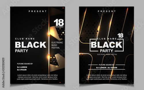 Luxury night dance party music layout cover design template background with elegant black and gold style. Light electro style vector for music event concert disco, club invitation, festival poster