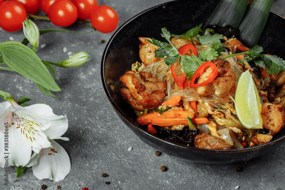 Japanese food: Glass noodles with chicken and vegetables Japanese food: Glass noodles with chicken and vegetables