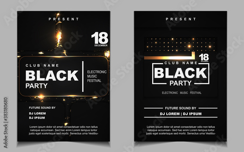 Luxury night dance party music layout cover design template background with elegant black and gold style. Light electro style vector for music event concert disco, club invitation, festival poster photo