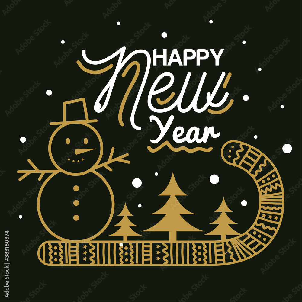 Fototapeta premium Happy new year 2021 with snowman candy and pine trees design, Welcome celebrate and greeting theme Vector illustration