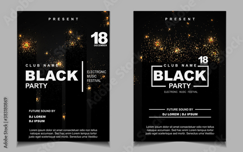 Luxury night dance party music layout cover design template background with elegant black and gold style. Light electro style vector for music event concert disco, club invitation, festival poster