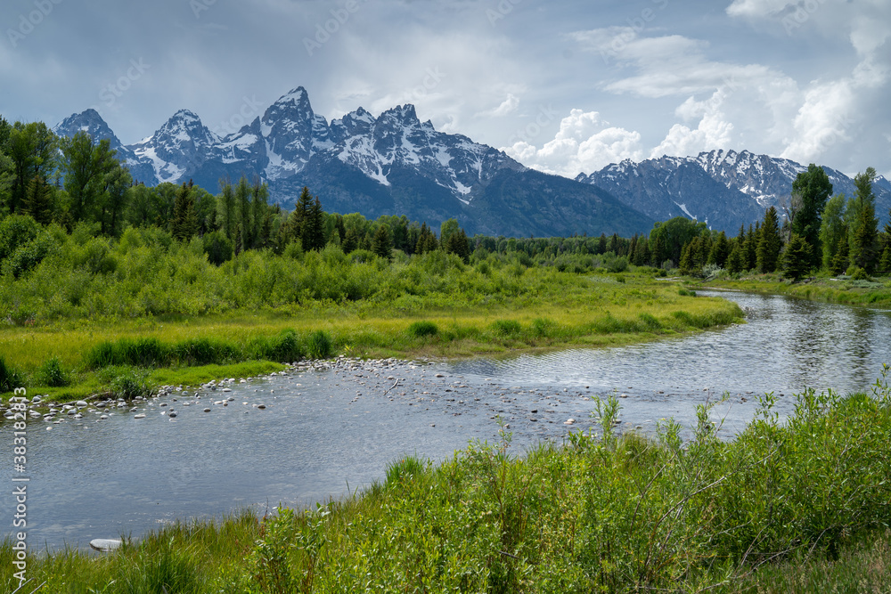 Overcast day at Schwabachers Landing in Grand Teton National Park