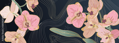 Luxury pink orchid background vector with golden metallic decorate wall art