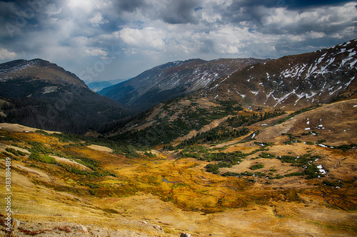 Trail Ridge Road in Rocky Mountain National Park overlooking mountains and tundra