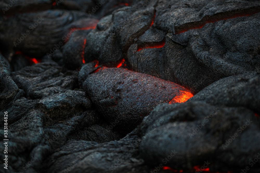 Kīlauea volcano's Pāhoehoe lava flow, Big island Hawaii. Lava is molten ...