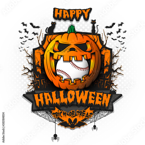 Happy Halloween. Baseball ball inside frightening pumpkin. Cats, bats, spiders, trees, crosses. Design template for banner, poster, greeting card, flyer, party invitation. Vector illustration