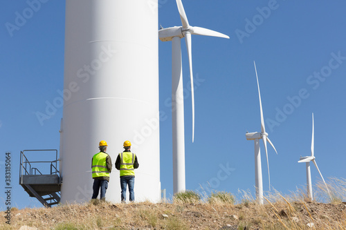 Bilde på lerret Engineers examining wind turbines on sunny wind farm