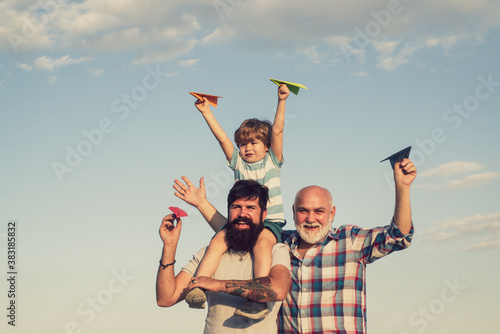 Men generation. Men in different ages. Father and son enjoying outdoor. Father and son with grandfather - happy loving family.