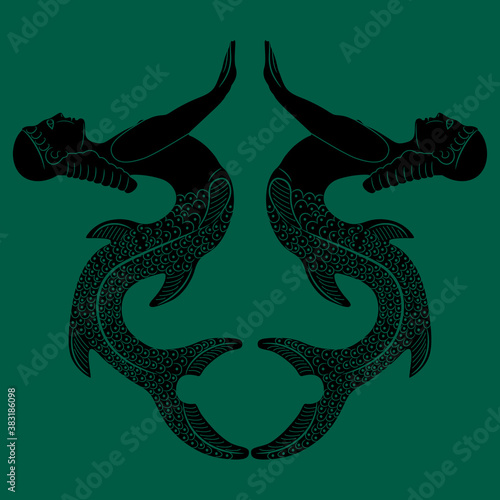 Symmetrical decor with two antique mermaids or sirens. Fantastic lady with fish tail. Monochrome black and green silhouette.