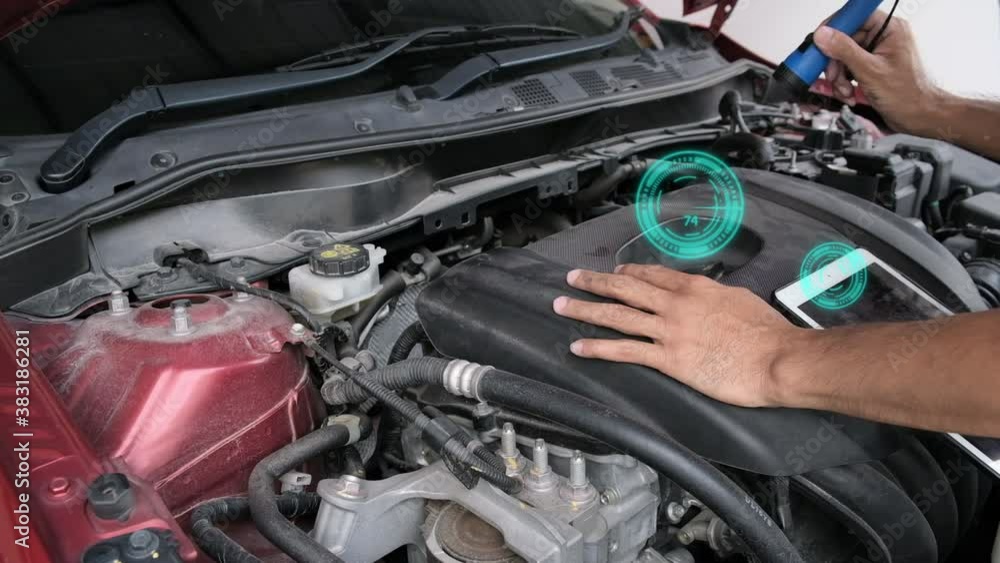 Asian Man mechanic inspection Shine a torch car engine checking bug in engine from application smartphone.Red car for service maintenance insurance with car engine.for transport automobile automotive Asian Man mechanic inspection Shine a torch car engine checking bug in engine from application smartphone.Red car for service maintenance insurance with car engine.for transport automobile automotive