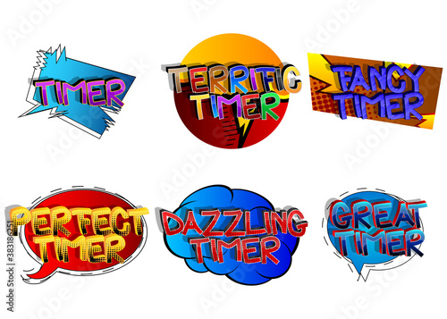 Timer Comic book style cartoon words on abstract comics background.