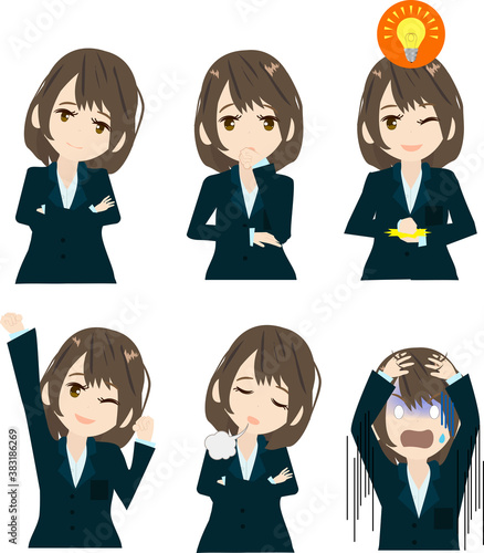 悩んだり考えたり、閃いたりするビジネスウーマンのイラスト