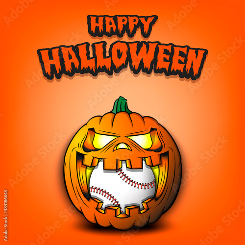 Happy Halloween. Baseball ball inside frightening pumpkin. The pumpkin swallowed the ball with burning eyes. Design template for banner, poster, greeting card, party invitation. Vector illustration
