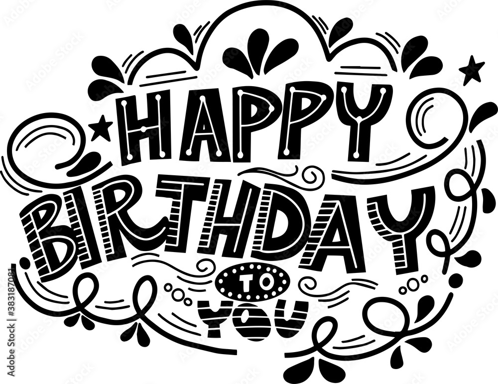 Lettering design Happy birthday and doodle patterns