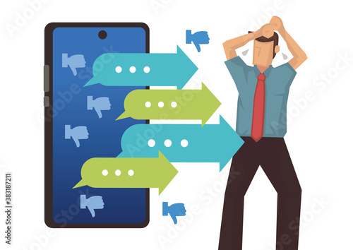 Smartphone with attacking arrows. Cyber bulling concept with messages attacking the businessman.