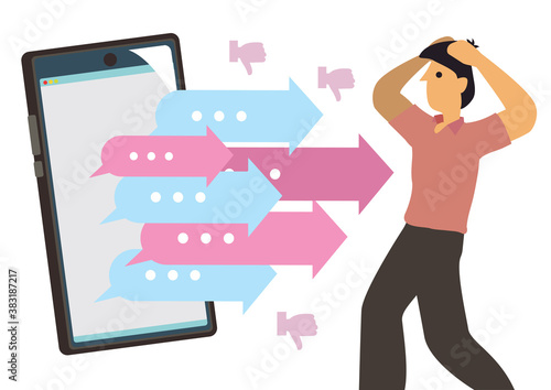 Smartphone with attacking arrows. Cyber bulling concept with messages attacking the businessman.