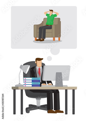 Tired corporate employee thinking and dreaming to relax at home while working at his desk in his office. Concept of overloaded at work. Vector isolated cartoon illustration.