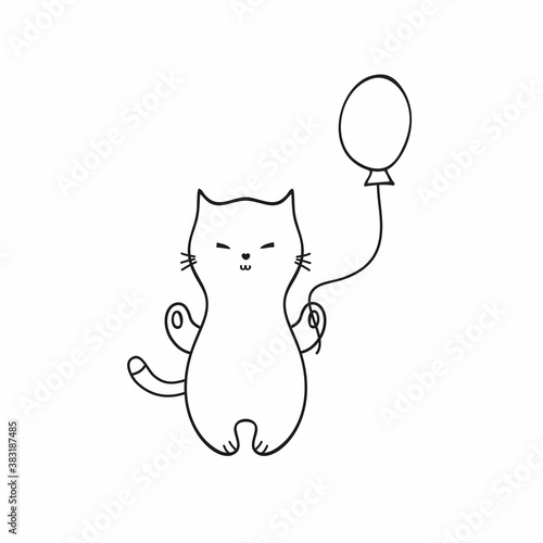 A kitten with a Doodle-style balloon. Minimalist cat isolated on a white background in an abstract style. Hand-drawn illustration, black-and-white linear sketch. Vector drawing for children