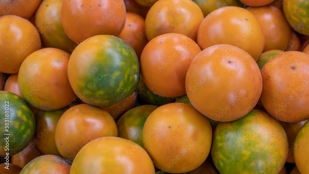 Harvest of ripe lulos placed on baskets ready for sale. Harvest of ripe lulos placed on baskets ready for sale.