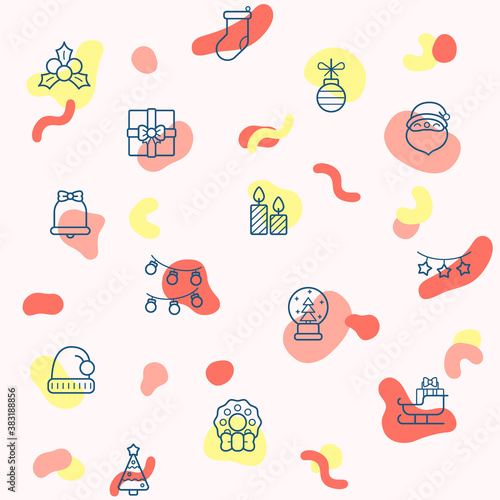 Seamless pattern on the theme of Christmas, holiday, winter, celebration, tree, snow, x-mas, ornament, Santa Claus and more. simple color icons on pink background.