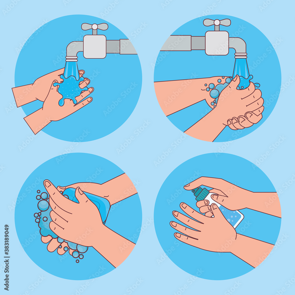 hands washing with water tap and soap in circles design, Hygiene wash health and clean theme Vector illustration hands washing with water tap and soap in circles design, Hygiene wash health and clean theme Vector illustration