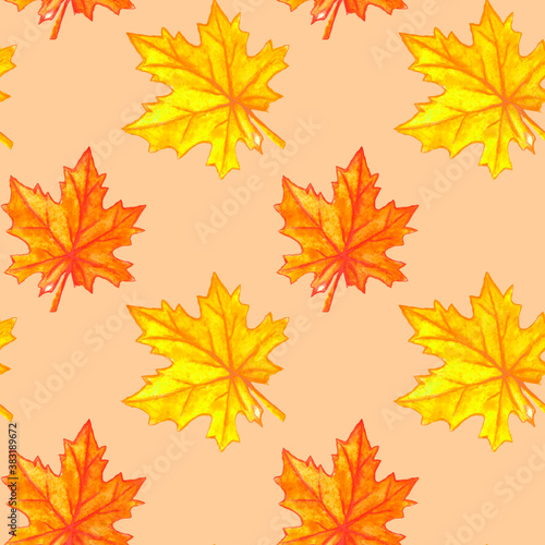 Watercolor autumn maple leaves seamless pattern. Colorful fall background and texture